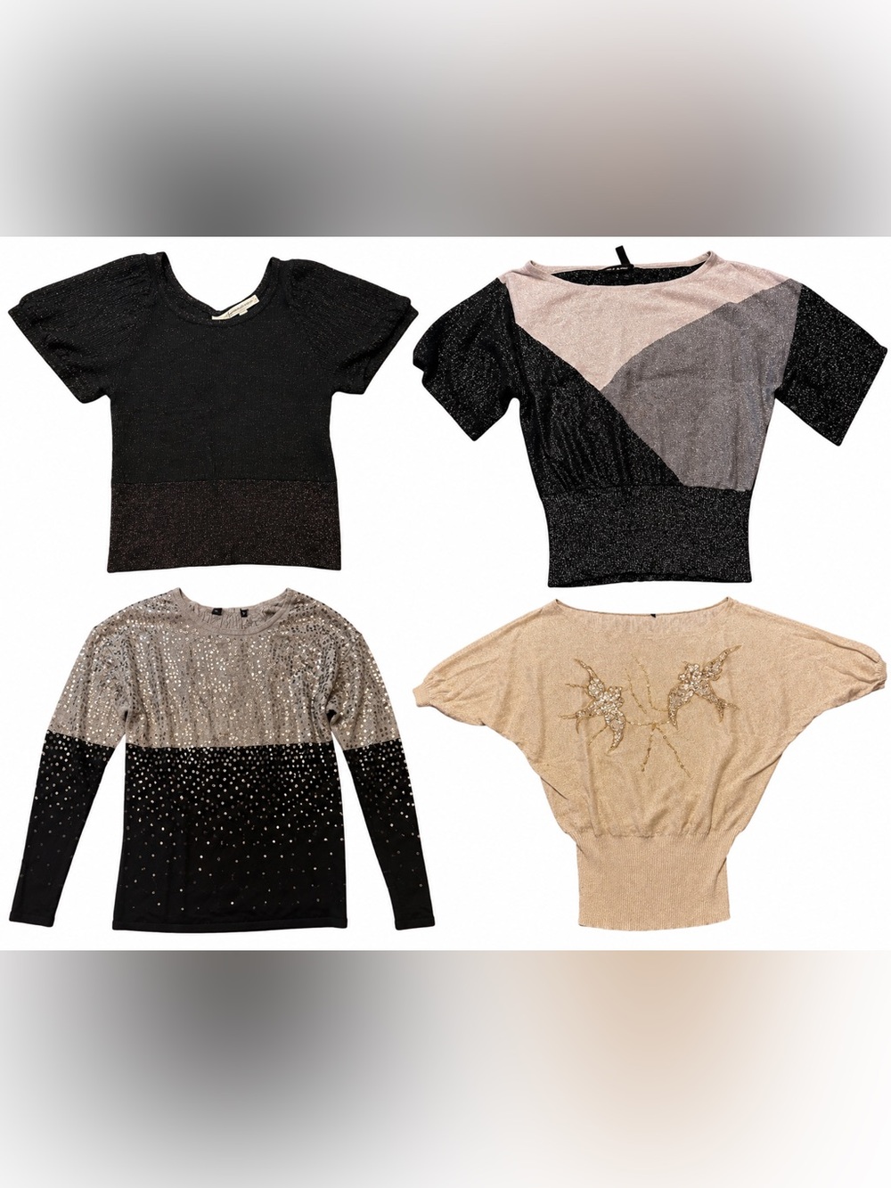 Lot of 4 Womens Shimmery Lightweight Sweaters - Black, Gray, Beige